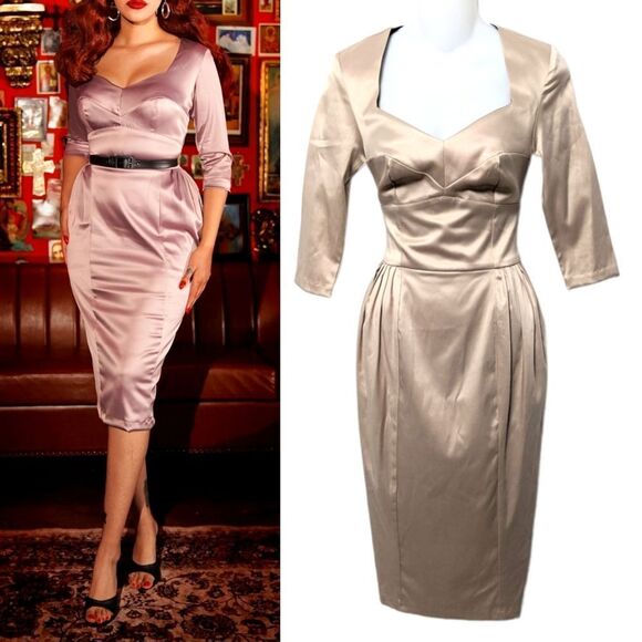 NWT DEADLY DAMES Pinup Couture Mona Satin Sweetheart Wiggle Midi Dress XS - Picture 1 of 11